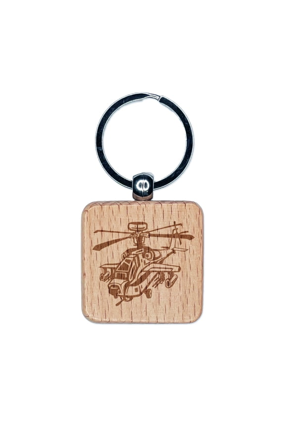 Cartoon Military Apache Attack Helicopter Chopper Square Keychain Charm Tag - Engraved Wood