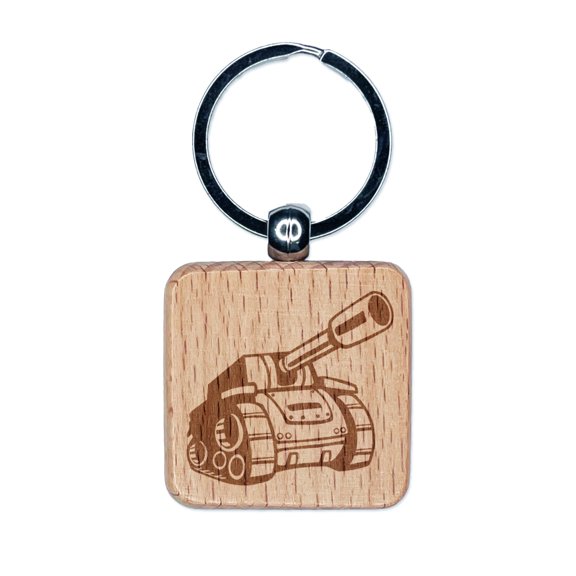 Cartoon Military Army Tank Square Keychain Charm Tag - Engraved Wood