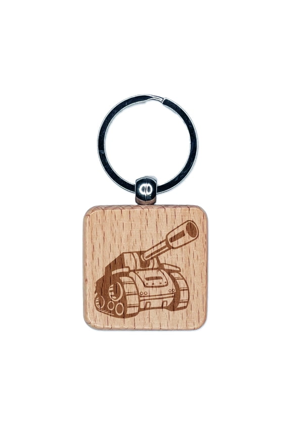 Cartoon Military Army Tank Square Keychain Charm Tag - Engraved Wood