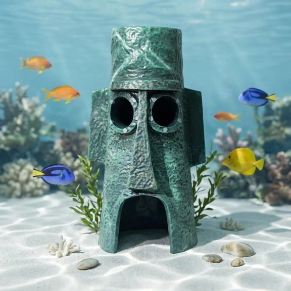 Cartoon Moai Aquarium Decor, Resin Fish Hideout Cave for Small Fish, Fresh/Saltwater Safe, Stable Base, 5.3 Inch
