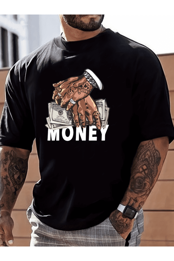 Cartoon Money & Hands Print, Men's Graphic Design Crew Neck Niche T-shirt, Casual Comfy Tees Tshirts For Summer, Men's Clothing Tops For Daily Vacation Resorts-Black4XL