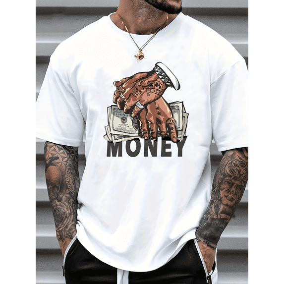 Cartoon Money & Hands Print, Men's Graphic Design Crew Neck Niche T-shirt, Casual Comfy Tees Tshirts For Summer, Men's Clothing Tops For Daily Vacation Resorts-WhiteXL