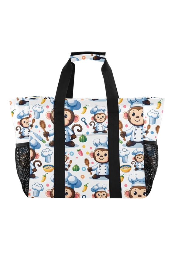 Cartoon Monkey Animal Chef Reusable Grocery Bags with Handle Side Pocket Waterproof Shopping Portable Tote
