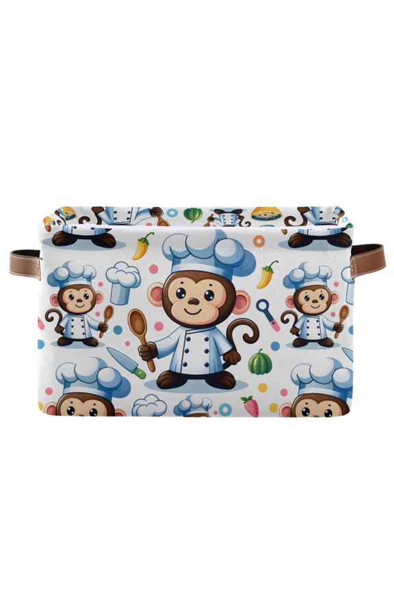 Cartoon Monkey Animal Chef Storage Bins with Handle Fabric Organizer Basket Foldable Box 1 Pack 14.2x10.2x8.3