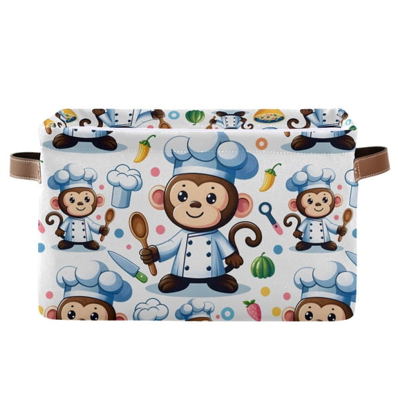 Cartoon Monkey Animal Chef Storage Bins with Handle Fabric Organizer Basket Foldable Box 1 Pack 14.2x10.2x8.3