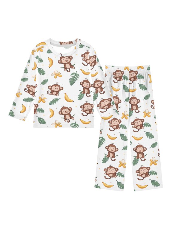 Cartoon Monkey Cozy Soft Long Sleeves Top and Pants 2 Piece Cool Pjs Pajamas Set Sleepwear Size 3-11Y