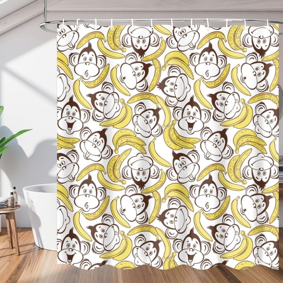 Cartoon Monkey Head Banana Shower Curtain Fabric Shower Curtain Set with 12 Hooks Waterproof 72 * 72 Inches for Bathroom Beach Caravan Hotel
