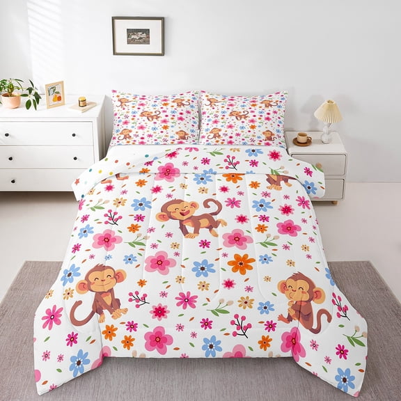 Cartoon Monkey King Bedding Sets Chic Floral Comforter Set, Kawaii Animal Duvet Insert Pink Flower Down Comforter, Colorful Polka Dots Reversible Bedding Comforter Sets
