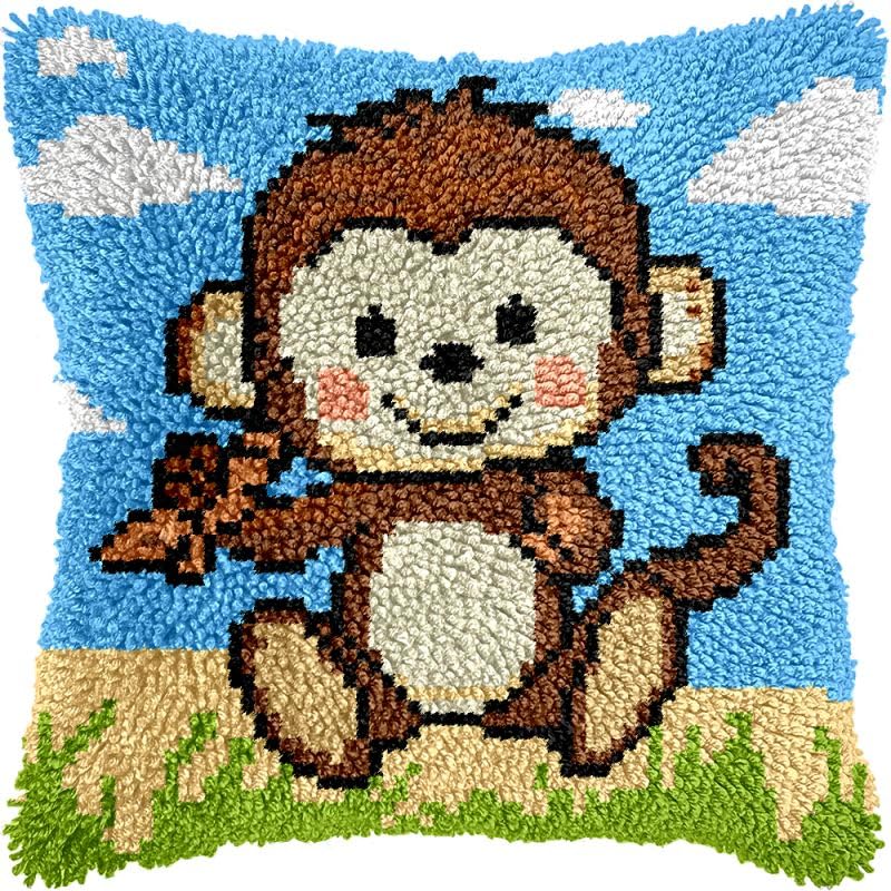 Cartoon Monkey Latch Hook Pillow Kits Cushion Pillowcase with Pattern Printed Canvas Sofa Hooking Pillows Crafts Embroidery Latch Hooking Crochet Kits 17x17 inch(80)