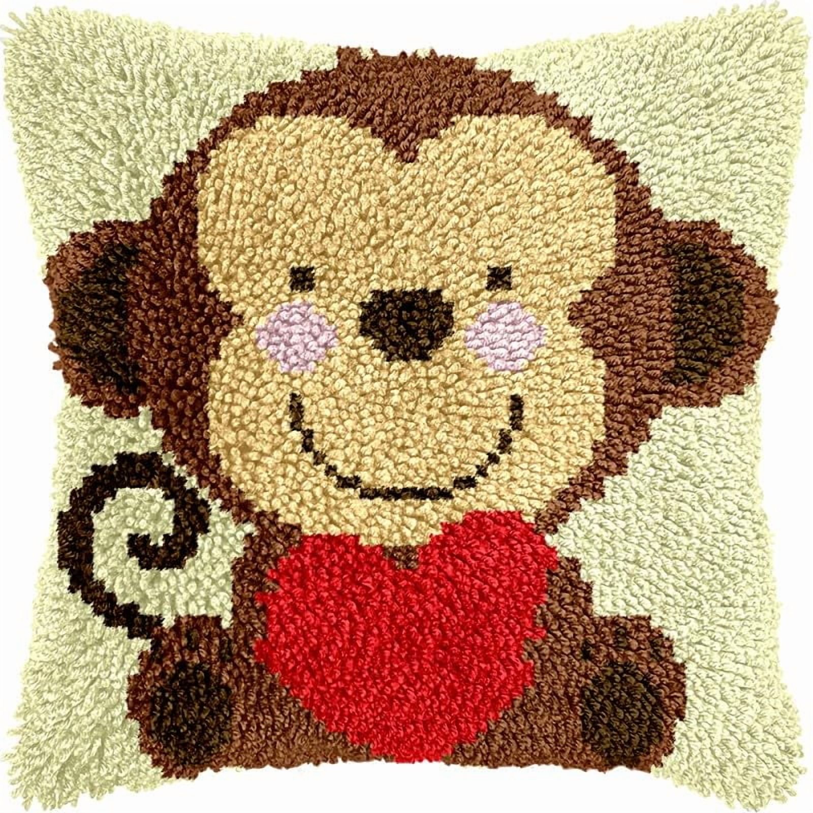 Cartoon Monkey Latch Hook Pillows Kits Cushion Pillow Cover with Pattern Printed Canvas Sofa Hooking Pillowcase Crafts Embroidery Latch Hooking Crochet Kits Set 17x17 inch(1)