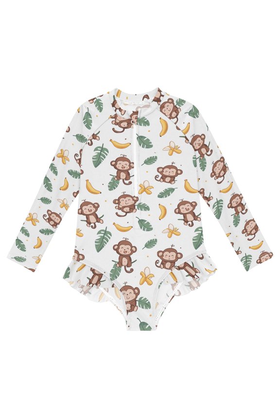 Cartoon Monkey One-Piece Swimsuit Long Sleeve UV Sun Protection UPF50+ Rashguard Front Zip Quick-Dry Swimwear for 3-12 Years