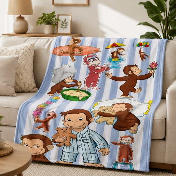 Cartoon Monkey Pattern Fleece Blanket, 280gsm Polyester Throw Blanket