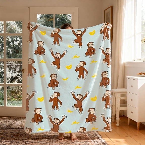 Cartoon Monkey Plush Throw Blanket - Curious Monkey Fleece Blanket for Couch & Chair, Premium Skin-Friendly Flannel - Soft, Cosy & Warm Bedding Blanket