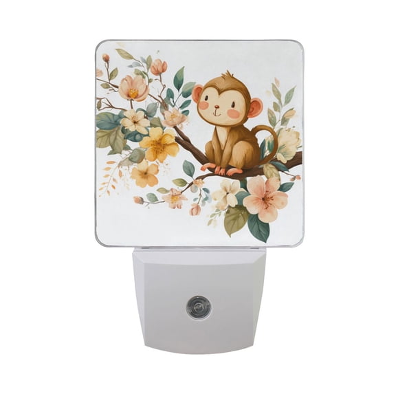 Cartoon Monkey Sit on Branch Florals LED Night Light Sensor Lamp Plug-in Adjustable Brightness 2 Pack