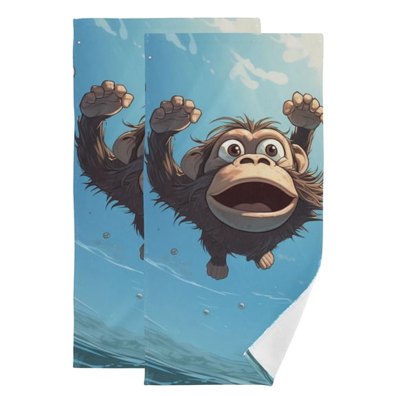 Cartoon Monkey Swimming Hand Towel Absorbent Bath Towels for Bathroom Sports Gym 28" x 14" Set of 2