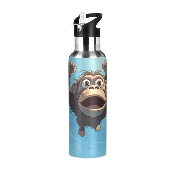 Cartoon Monkey Swimming Sports Bottle with Straw Stainless Steel Water Jug Portable Thermal Cup Leak-proof 1000ML