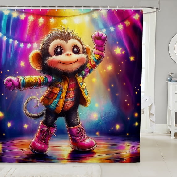 Cartoon Monkey Waterproof Shower Curtains Colorful Rainbow Neon Fabric Bathroom Shower Curtain Tropical Animal Dorm Bathtubs Decor Cute Star Glitter Print Curtain 72 x 84 Inch