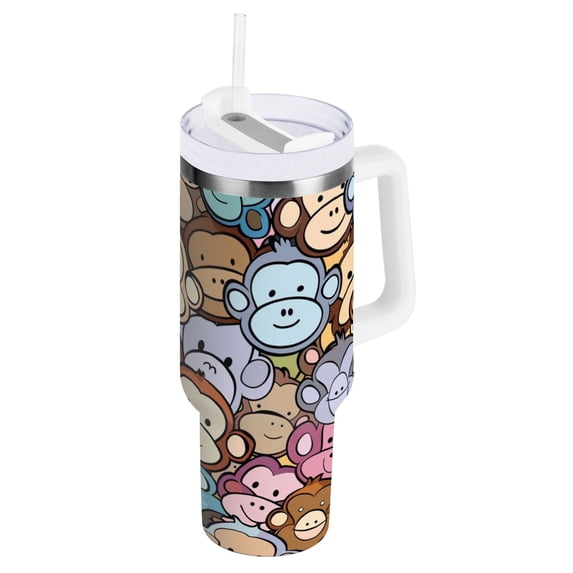 Cartoon Monkeys Face 40 oz Tumbler with Handle and Straw Lid Vacuum Insulated Cup Leak-Proof for Water Iced Tea Coffee