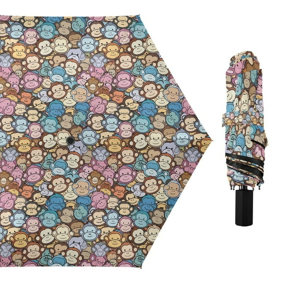 Cartoon Monkeys Face Compact Sun Umbrella Windproof Travel Umbrellas for Rain Strong Portable UV Protection
