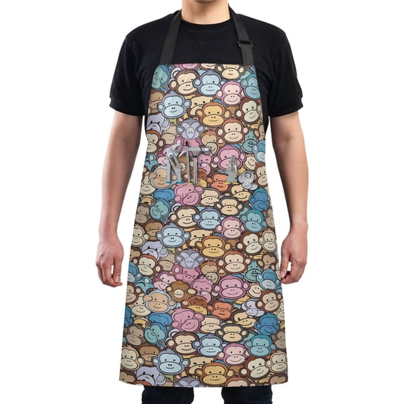 Cartoon Monkeys Face Kitchen Apron with 2 Pockets Adjustable waterproof Cooking Aprons for Women Men Chef