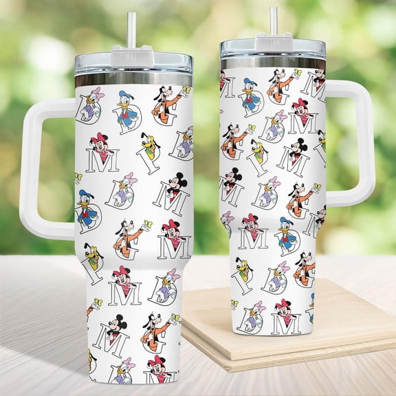 Cartoon Monogram Letter 40oz Tumbler With Handle, Cute Animal Initial Cup, Colorful Travel Mug