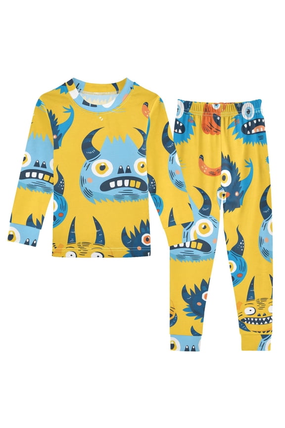 Cartoon Monster Faces Cotton Pajama Set Long Sleeve Top and Pants Sleepwear Unisex 4T