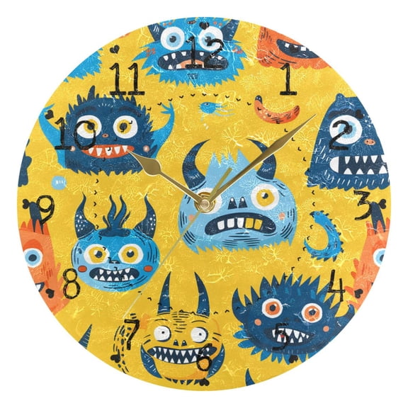 Cartoon Monster Faces Round Wall Clock Silent Analog Battery Operated Gold Pointer Home Decor 9.84" Diameter