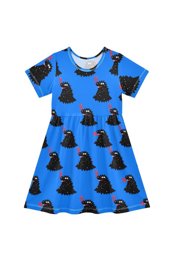 Cartoon Monster Pattern Girls Short Sleeve Dress A Line Sun Protection Breathable Comfort Sundress 4T
