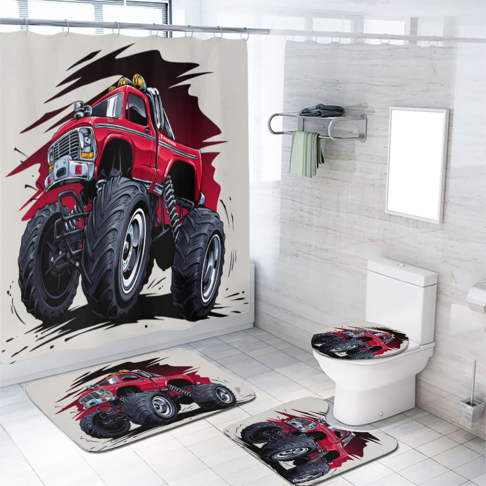 Cartoon Monster Truck 4 Piece Shower Curtain Sets Car with Heavy Large Tractor Wheels with Non-Slip Rugs Toilet Lid Cover and Bath Mat Bathroom Decor Set, 72x72 Inch