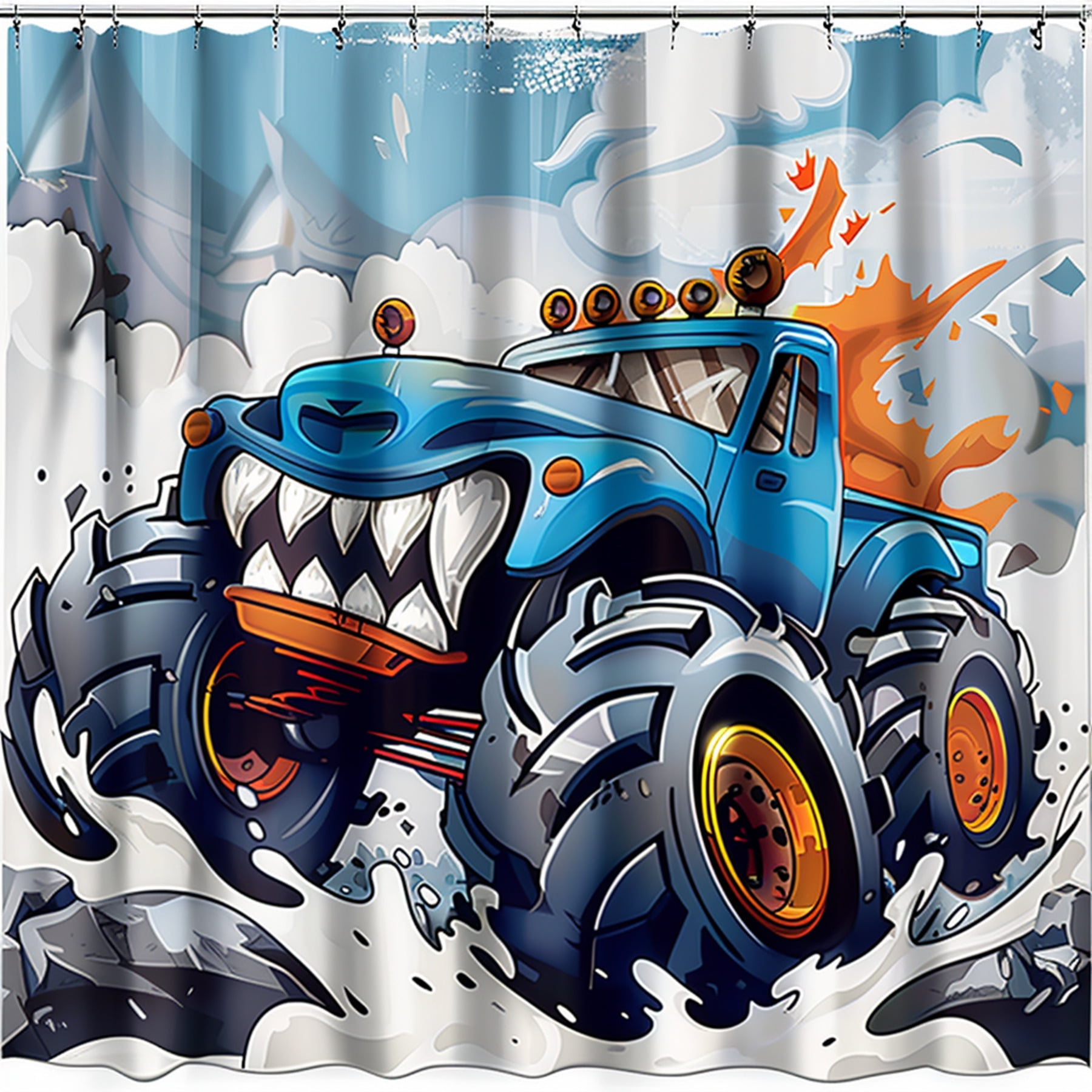 Cartoon Monster Truck Kids Bathroom Shower Curtain Blue White Camo ...