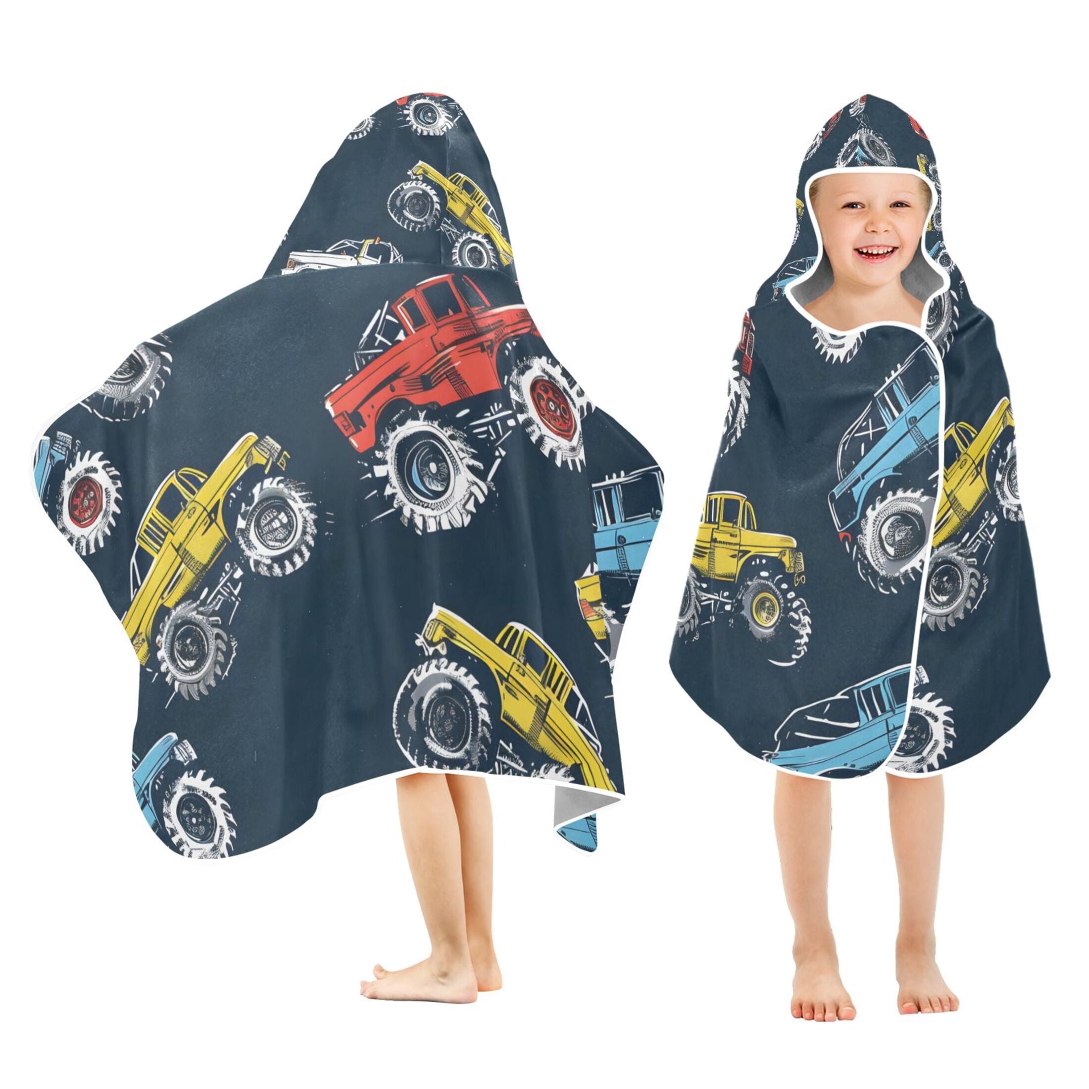Cartoon Monster Trucks Comic Kids Hooded Beach Towel Baby Bath Poncho Towels with Hood Absorbent 50"x23.5" for Pool Swimming