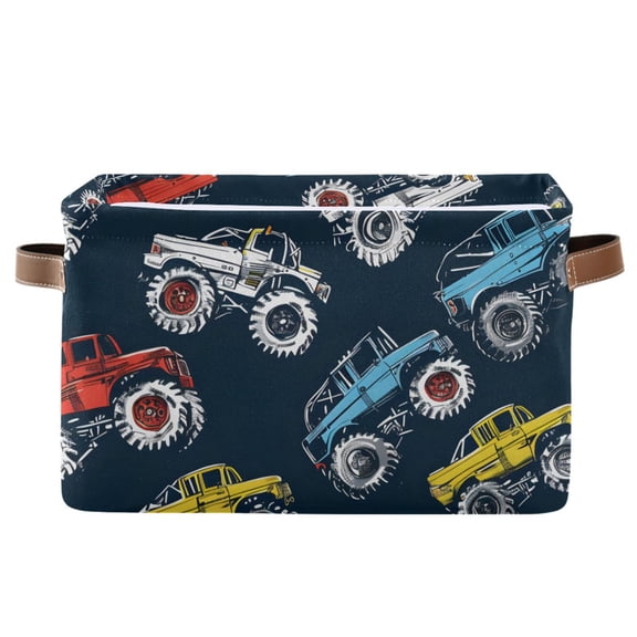 Cartoon Monster Trucks Comic Storage Basket Large Foldable Storage Bin Laundry Baskets Toys Box Book Foldable Organizer Bag 14.2x10.2x8.3 Inches 1 PC