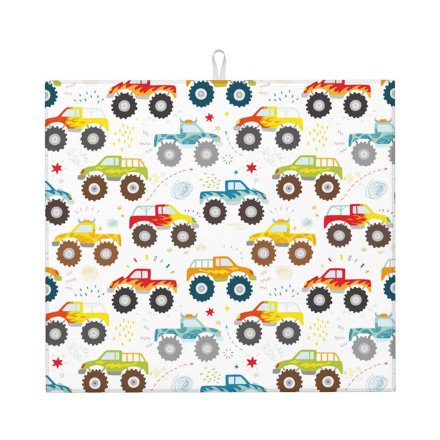 Cartoon Monster Trucks Dish Drying Mat, Microfiber Dish Drying Mats for