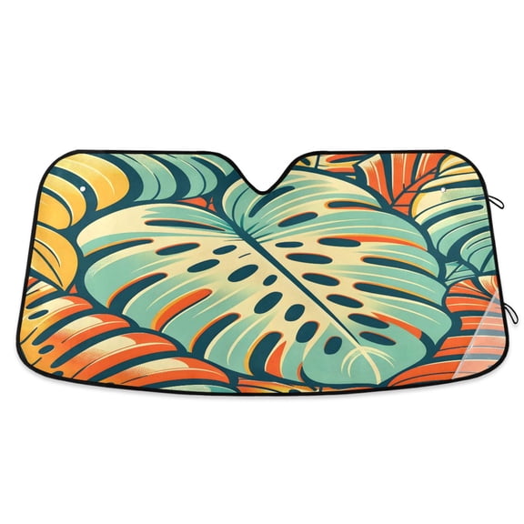Cartoon Monstera Leaf Car Windshield Sun Shade Foldable Car Front Window Visor Heat and UV Protection 53x23.5