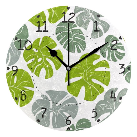 Cartoon Monstera Leaves Round Wall Clock Silent Analog Battery Operated Black Pointer Home Decor 9.84" Diameter