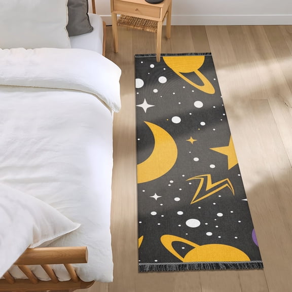 Cartoon Moon Stars Planets Cute Bedside Runner Rug 2'x 6' Non Slip Carpet Floor Mat Area Rug