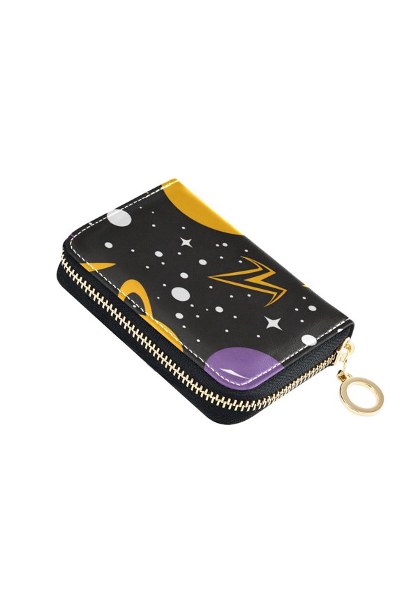 Cartoon Moon Stars Planets Cute Women's Credit Card Holder PU Leather Zipper Wallet RFID Blocking