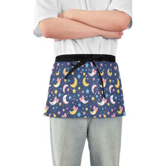 Cartoon Moon and Star Server Apron with 3 Pockets Waterproof Waitress Waist Short Apron for Man Woman 12 Inches