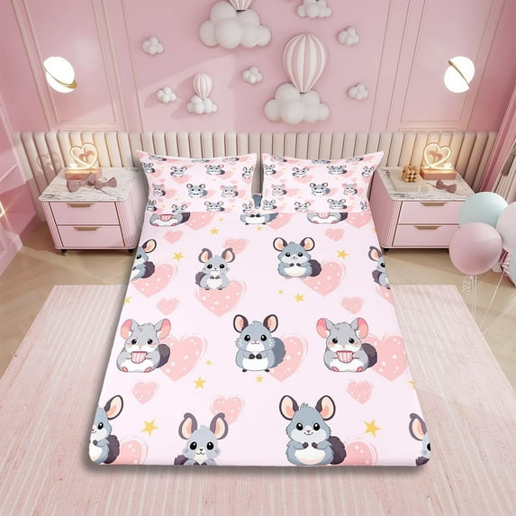 Cartoon Moose Bed Sheets Set Queen,Pink Love Heart Sheet Set for Kids Boys Girls,Cute Rats Sheets,Kawaii Zoo Animal Flat Fitted Sheet with 2 Pillowcases for Bedroom