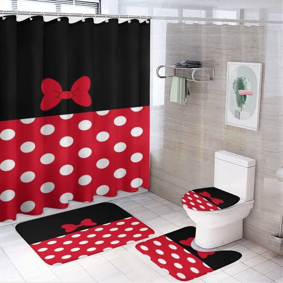 Cartoon Mouse Character Shower Curtain Bathroom Sets Toilet Lid Rug, Bath Mat And Contour Mat, Shower Curtain 4Pcs