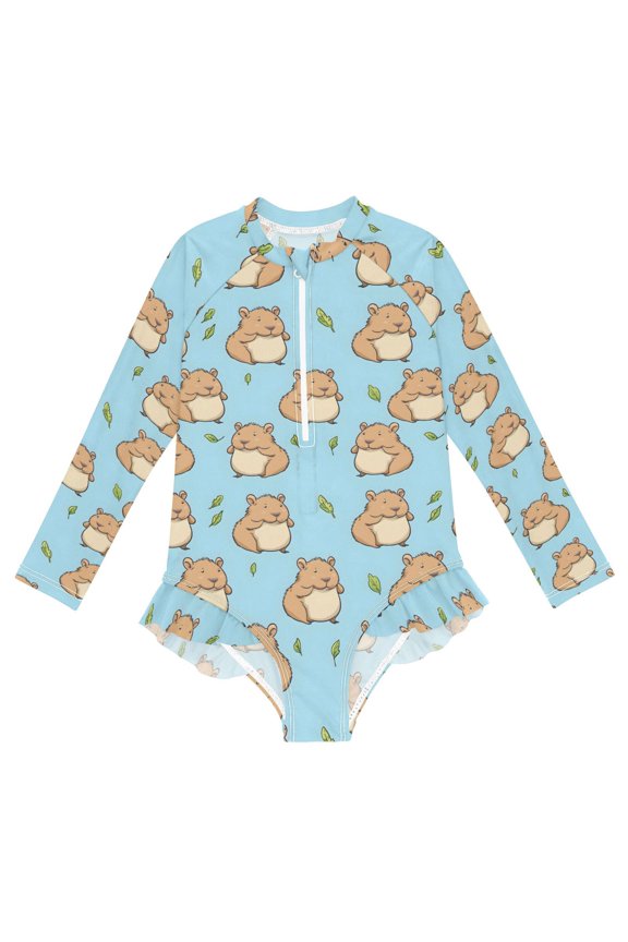 Cartoon Mouse One-Piece Swimsuit Long Sleeve UV Sun Protection UPF50+ Rashguard Front Zip Quick-Dry Swimwear for 3-12 Years