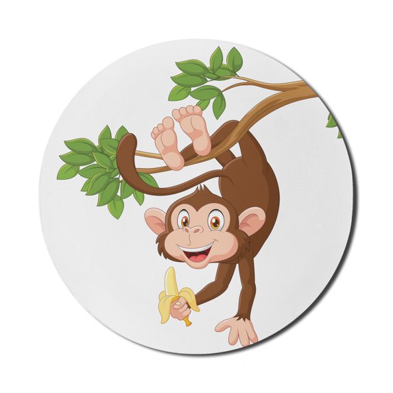 Cartoon Mouse Pad for Computers, Funny Monkey Hanging from Tree and Holding Banana Jungle Animals Theme Print, Round Non-Slip Thick Rubber Modern Mousepad, 8" Round, Chocolate White, by Ambesonne