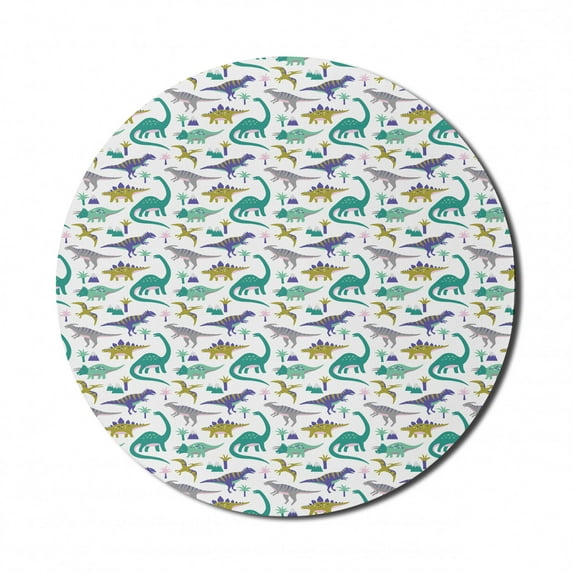 Cartoon Mouse Pad for Computers, Simplistic Colorful of Various Dinosaurs Mountains and Palm Trees Print, Round Non-Slip Thick Rubber Modern Gaming Mousepad, 8" Round, Multicolor, by Ambesonne