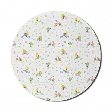 Cartoon Mouse Pad for Computers, Whimsical Happy Fruits Riding Bicycles and Motifs, Round Non-Slip Thick Rubber Modern Gaming Mousepad, 8" Round, White Multicolor, by Ambesonne