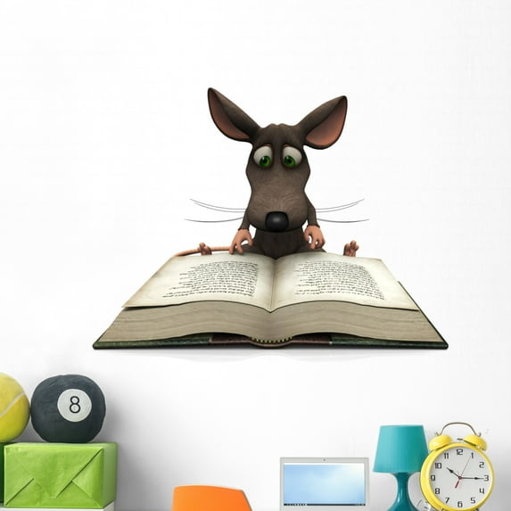 Cartoon Mouse Reading Wall Decal by Wallmonkeys Peel and Stick Graphic (48 in W x 35 in H) WM195769