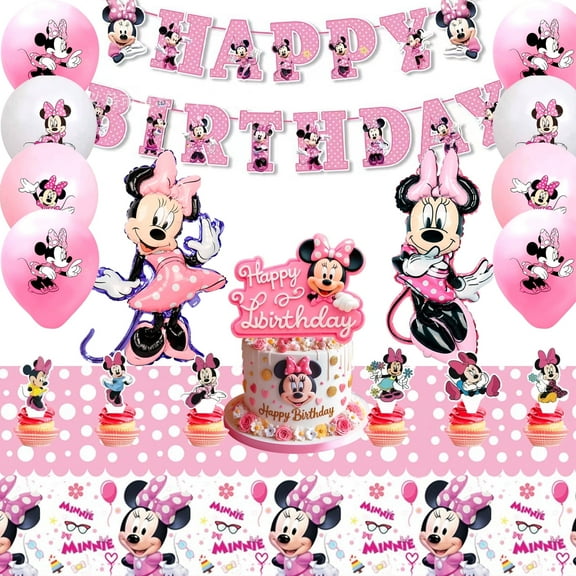 Cartoon Mouse Theme Birthday Party Supplies, 29pcs Cartoon Mouse Theme Party Decorations Set - Pink Banner Tablecloth Balloon Cake Topper and Other Pink Mouse Party Supplies