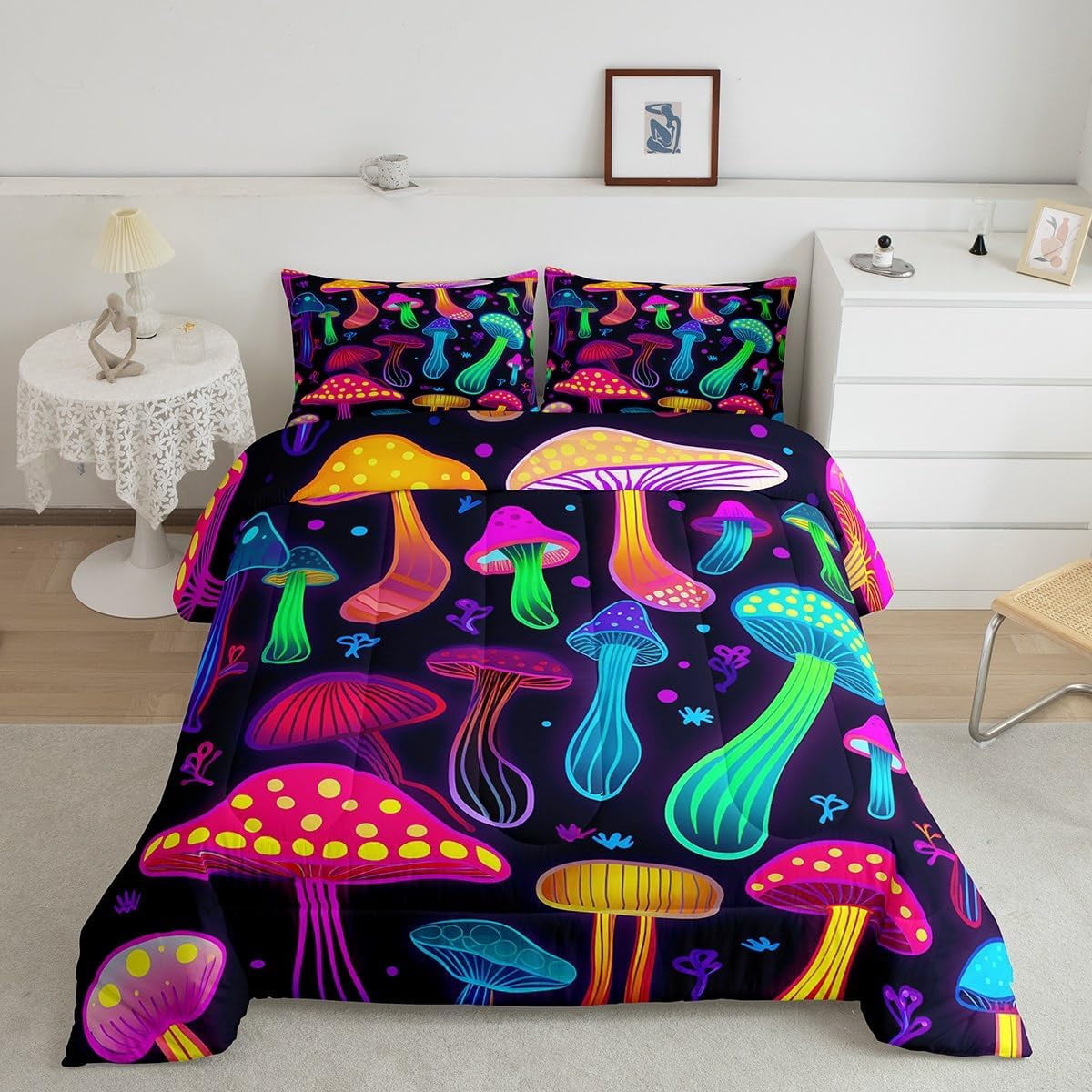 Feelyou Purple Mushroom Kawaii Comforter Set Twin Size - Gradient Botanical Print Bedding
