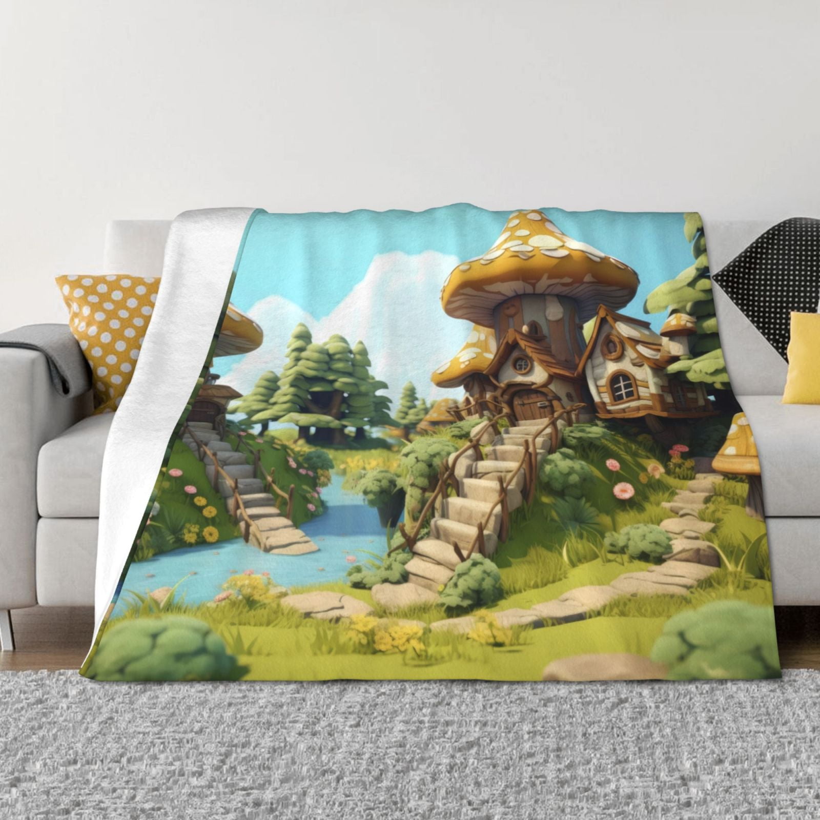 Cartoon Mushroom House Throw Blanket for Couch, Soft Fuzzy Comfy Warm