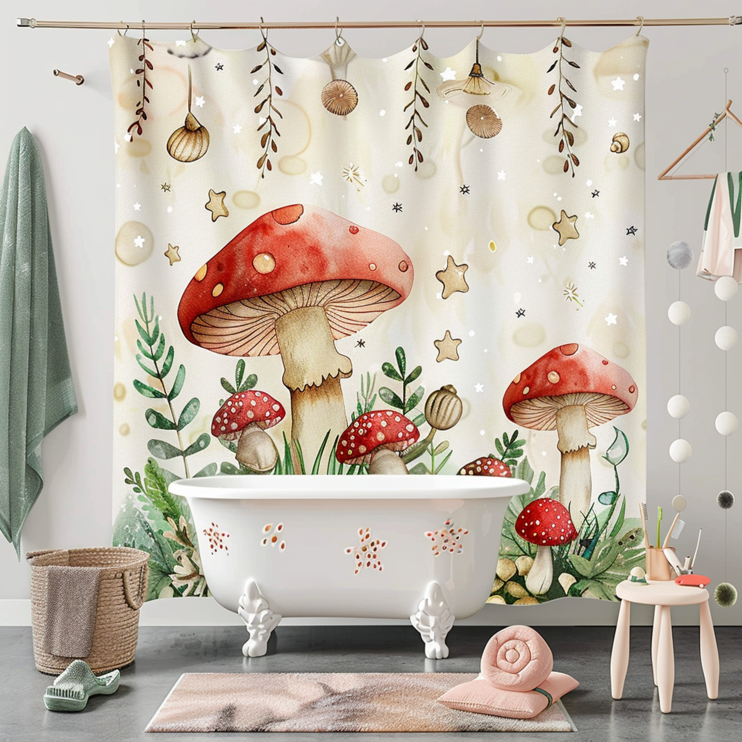 Cartoon Mushroom and Snail Bathroom Shower Curtain with Forest Theme