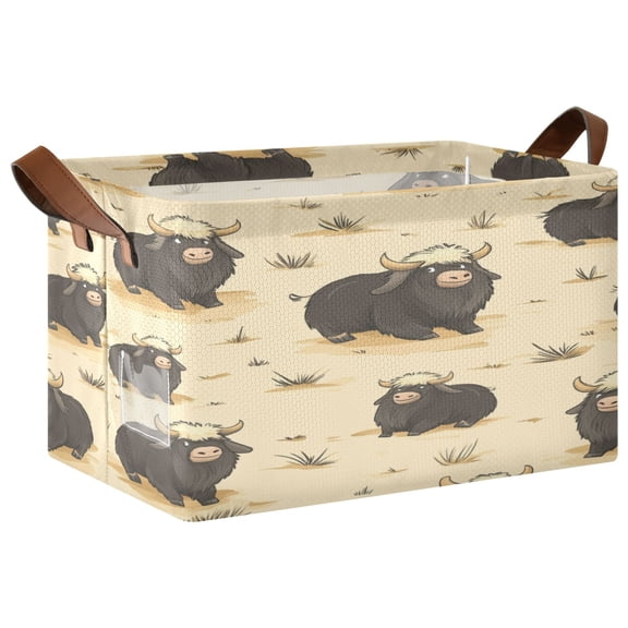 Cartoon Musk Oxen Storage Basket Soccer Plaid Fabric Hoard Box Oversized Collapsible Closet Organizer with Metal Iron Frame 16.911.410in